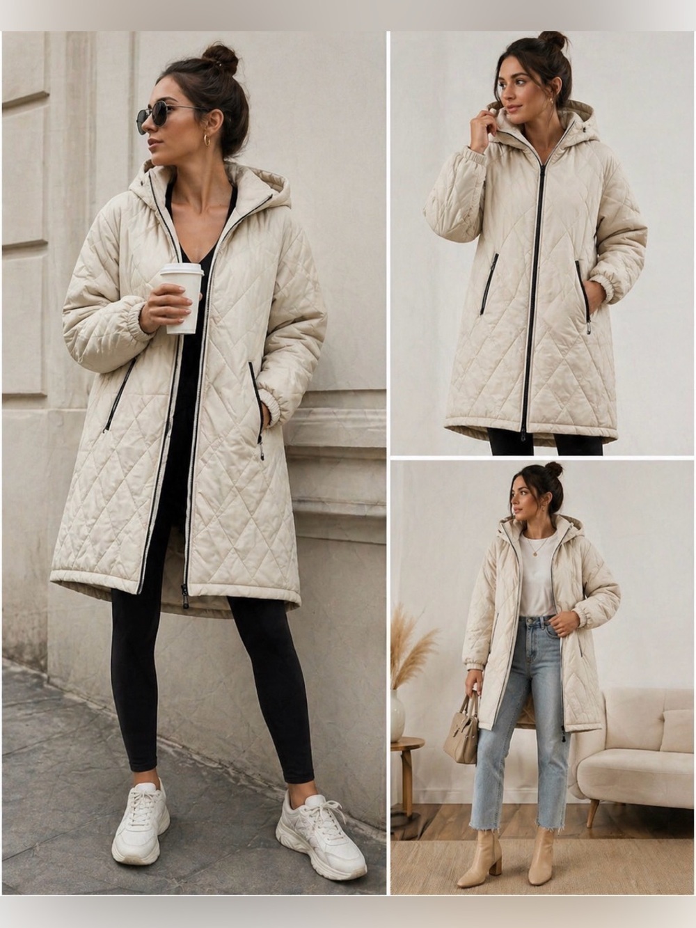 Zara Women's Quilted Hooded Puffer Jacket - Beige, size small